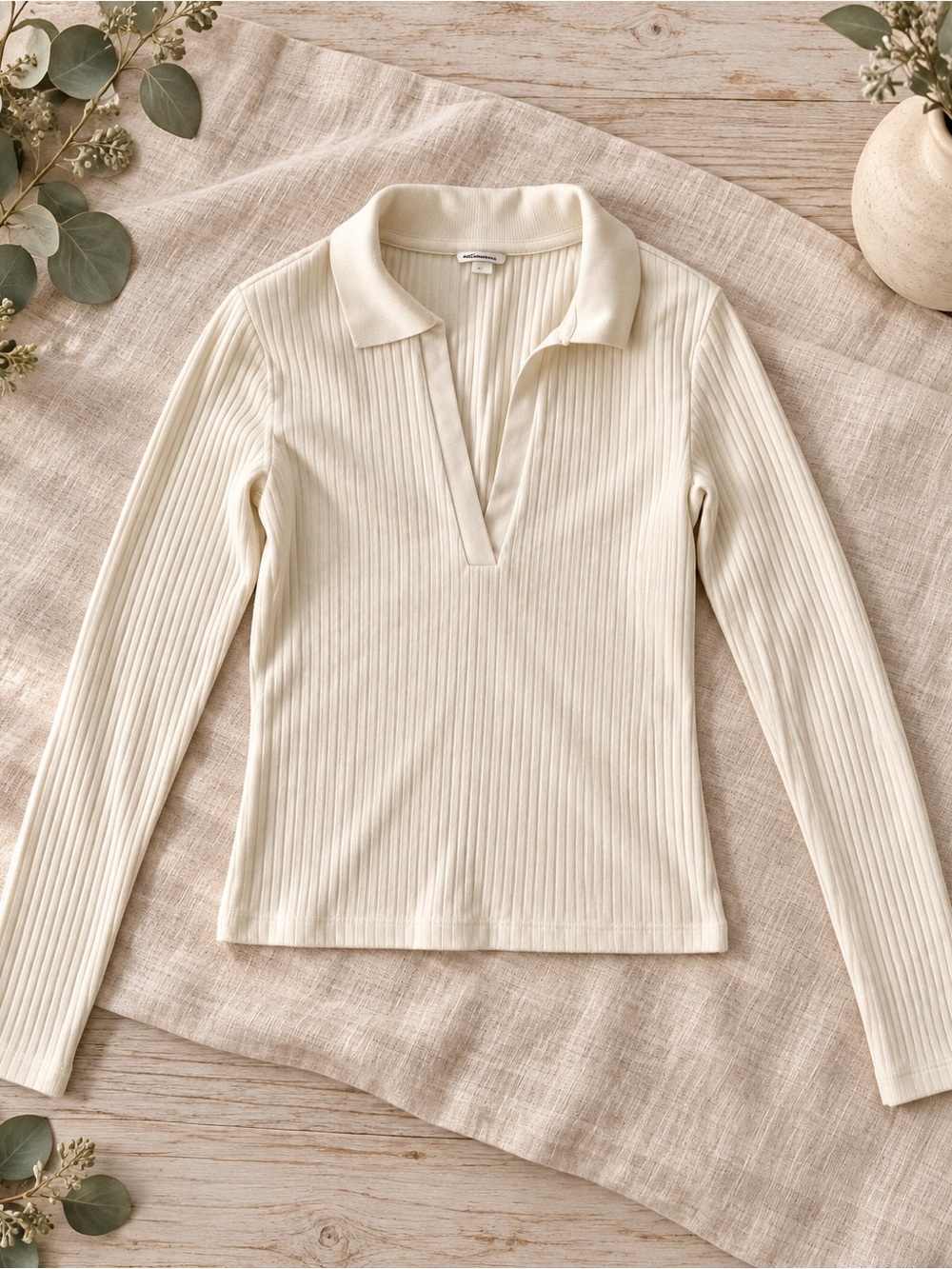 MONKI Ivory Ribbed Long Sleeve Polo Top Size S